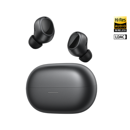QCY MeloBuds A30 True Wireless Kopfhörer mit Hi-Res Audio, LDAC und schwarzem Ladekasten.