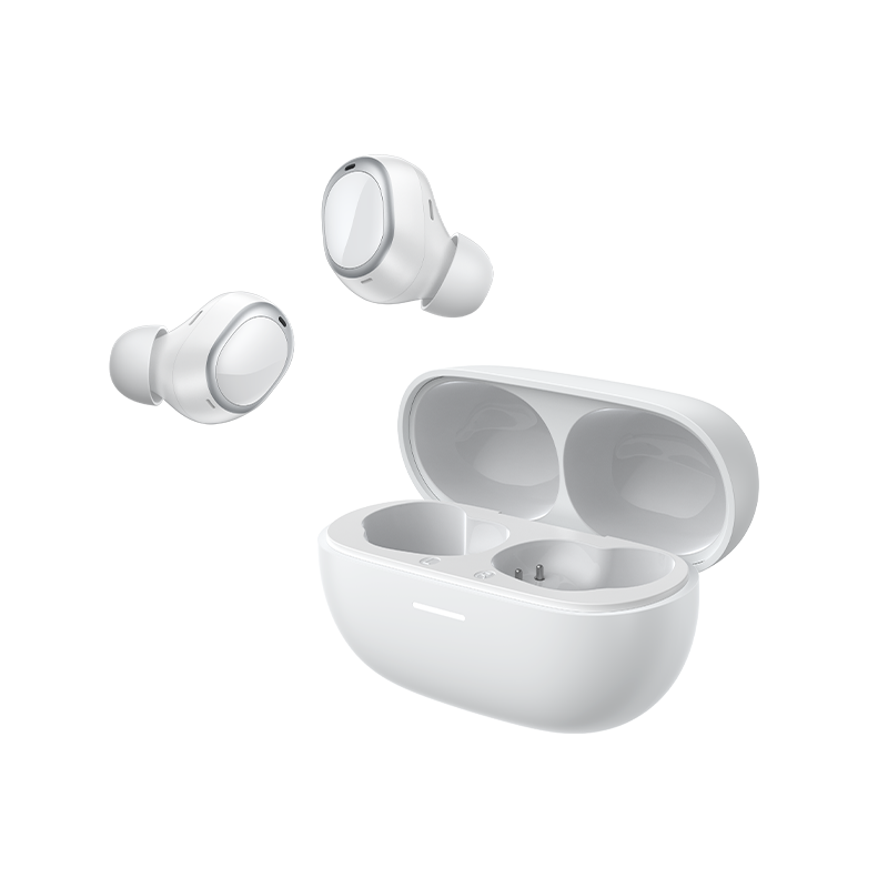 QCY MeloBuds A30 – weiße True Wireless Kopfhörer mit Ladecase, modernes Design und kompakte Aufbewahrung.