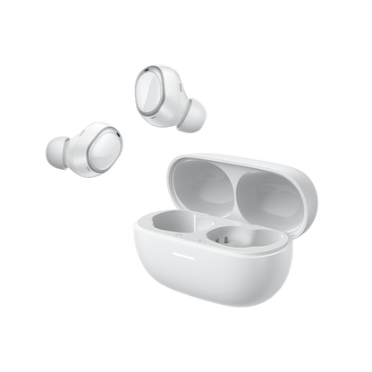 QCY MeloBuds A30 – weiße True Wireless Kopfhörer mit Ladecase, modernes Design und kompakte Aufbewahrung.