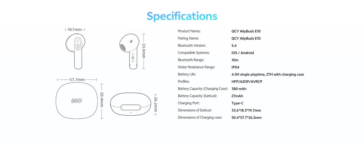 QCY AilyBuds E10 Bluetooth-Ohrhörer mit Ladecase, IPX4 wasserdicht, Bluetooth 5.4, 4,5h Akku, kompatibel mit iOS und Android