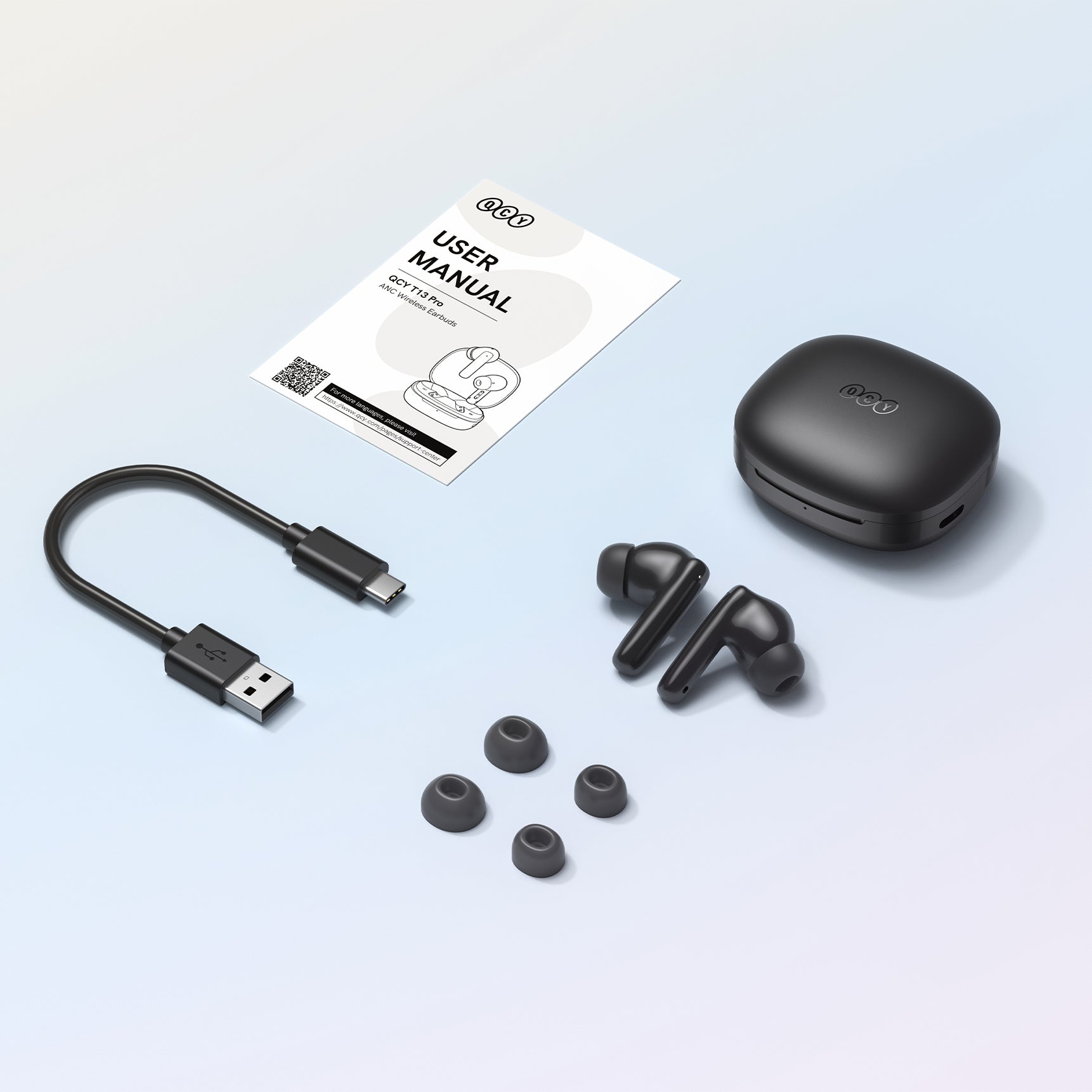 QCY T13 Pro Bluetooth-Ohrhörer mit Ladecase, USB-C-Kabel und Ersatzsilikonstöpseln – komplettes Set für optimale Hörerfahrung
