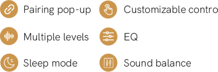 Funktionen: Pairing-Popup, anpassbare Steuerung, mehrere Ebenen, EQ, Schlafmodus und Klangbalance.