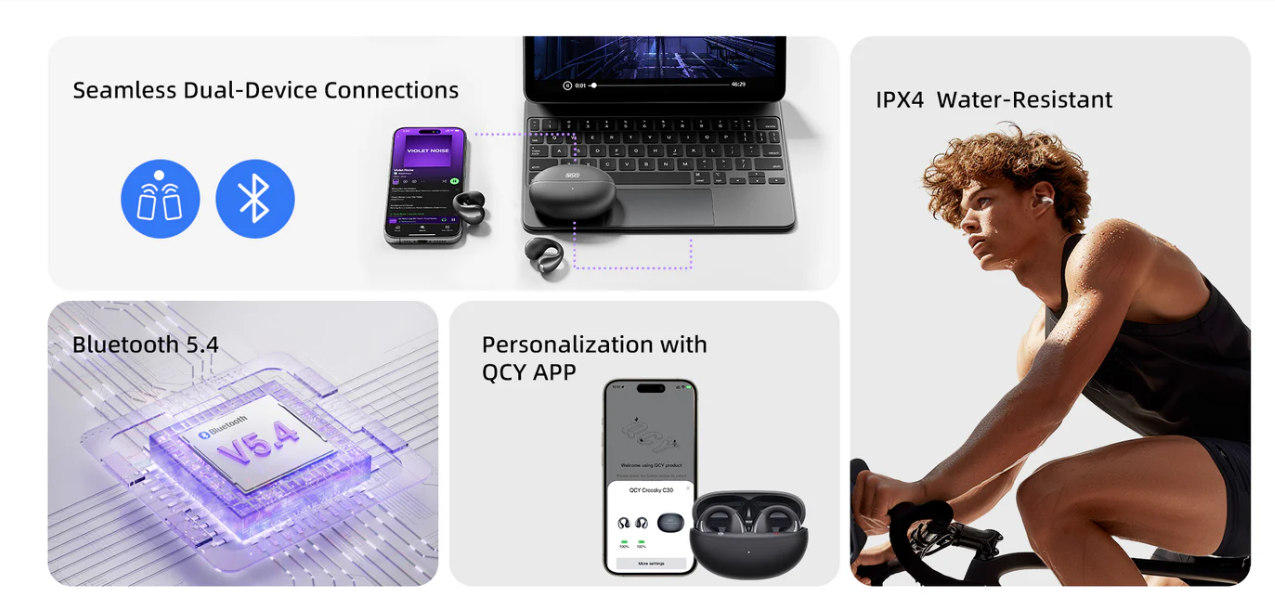 QCY Bluetooth Kopfhörer: Dual-Verbindung, IPX4 wasserdicht, Bluetooth 5.4 & App-Steuerung für Sport & Alltag.