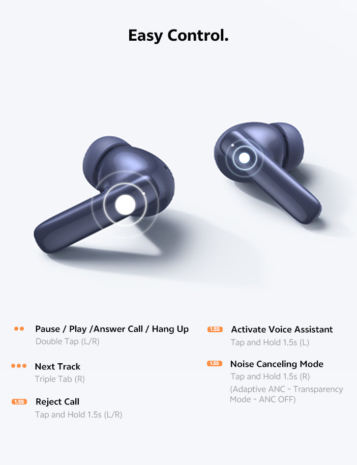 Bluetooth-Ohrhörer mit einfachen Touch-Steuerungen: Pause, nächste Titel, Anrufbeantwortung und Geräuschunterdrückung.