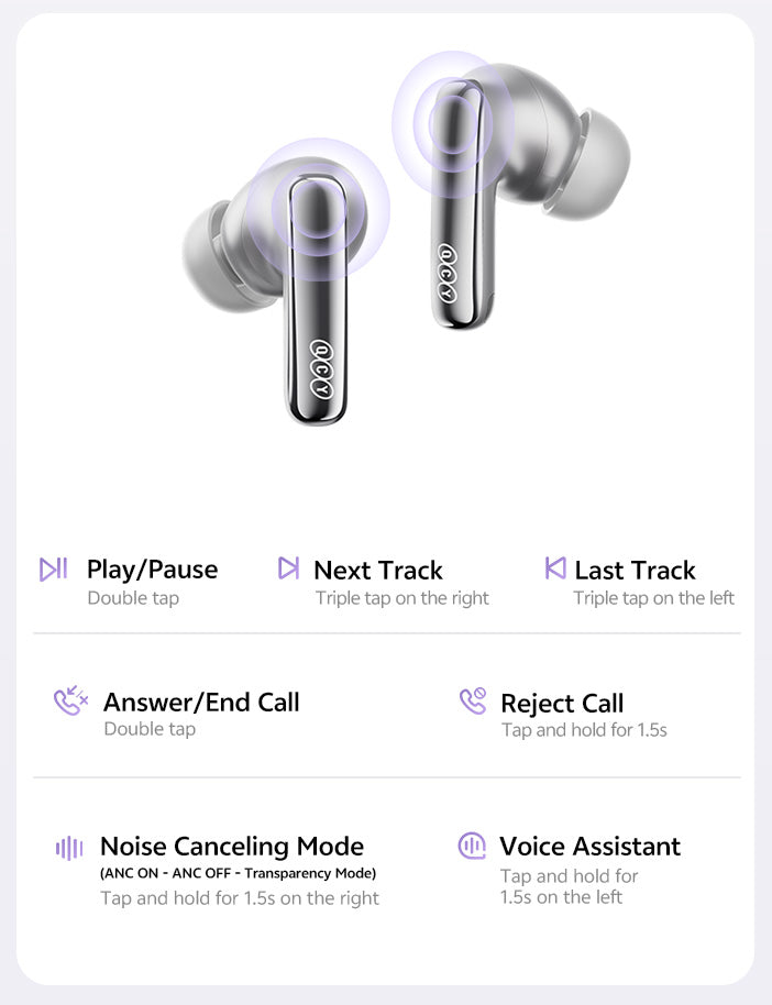 Silberne kabellose In-Ear-Kopfhörer mit Touch-Steuerung: Doppeltippen für Play/Pause, Dreifachtippen für Titelwechsel, Halten