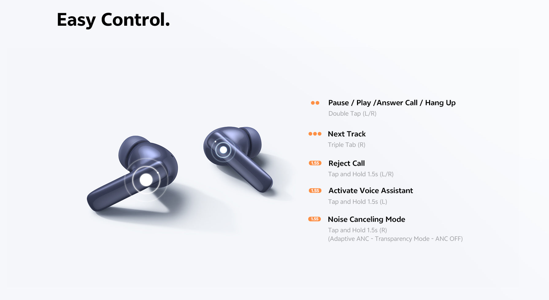Bluetooth-Ohrhörer mit Touch-Control: Pause, nächste Titel, Anrufannahme und Noise Cancelling per Tap steuern.